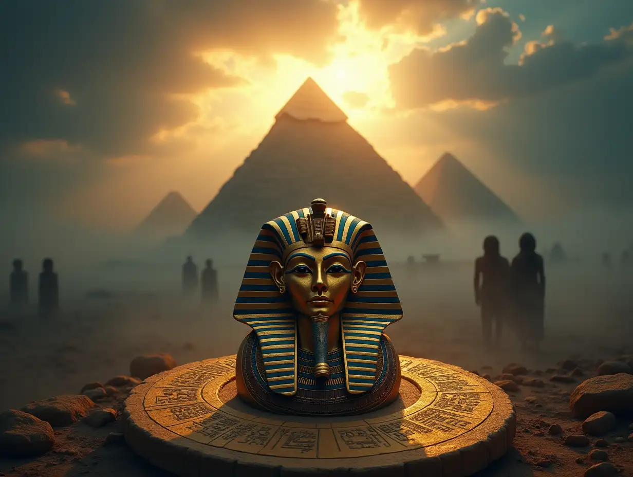 An ultra-cinematic, ultra-realistic depiction of the mysteries of Ancient Egypt. The scene features massive, fog-covered pyramids under a dramatic, stormy sky illuminated by rays of golden light piercing through the clouds. In the foreground, a majestic pharaoh’s mask adorned with intricate gold and blue details exudes an aura of power and mystery. Surrounding the mask are ancient hieroglyphs glowing faintly, as if alive with energy. Shadowy, ghost-like figures of Egyptian gods and pharaohs emerge subtly in the background, blending into the fog. The atmosphere is intensely dramatic, rich with mystery, luxury, and the feeling of uncovering forbidden knowledge.