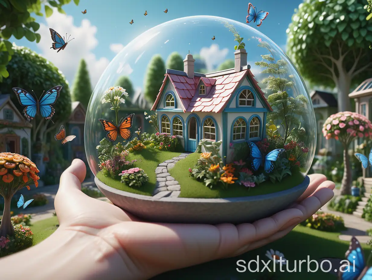 a beautiful and detailed landscape of a miniature village view placed in someone's palm. A flower house is located in the middle, surrounded by green trees and a little winged fairy sitting leisurely in the flower house. Butterflies are also seen flying with a blue sky background. realistic, clear, HD, 8k, hyperrealistic, unreal engine 5