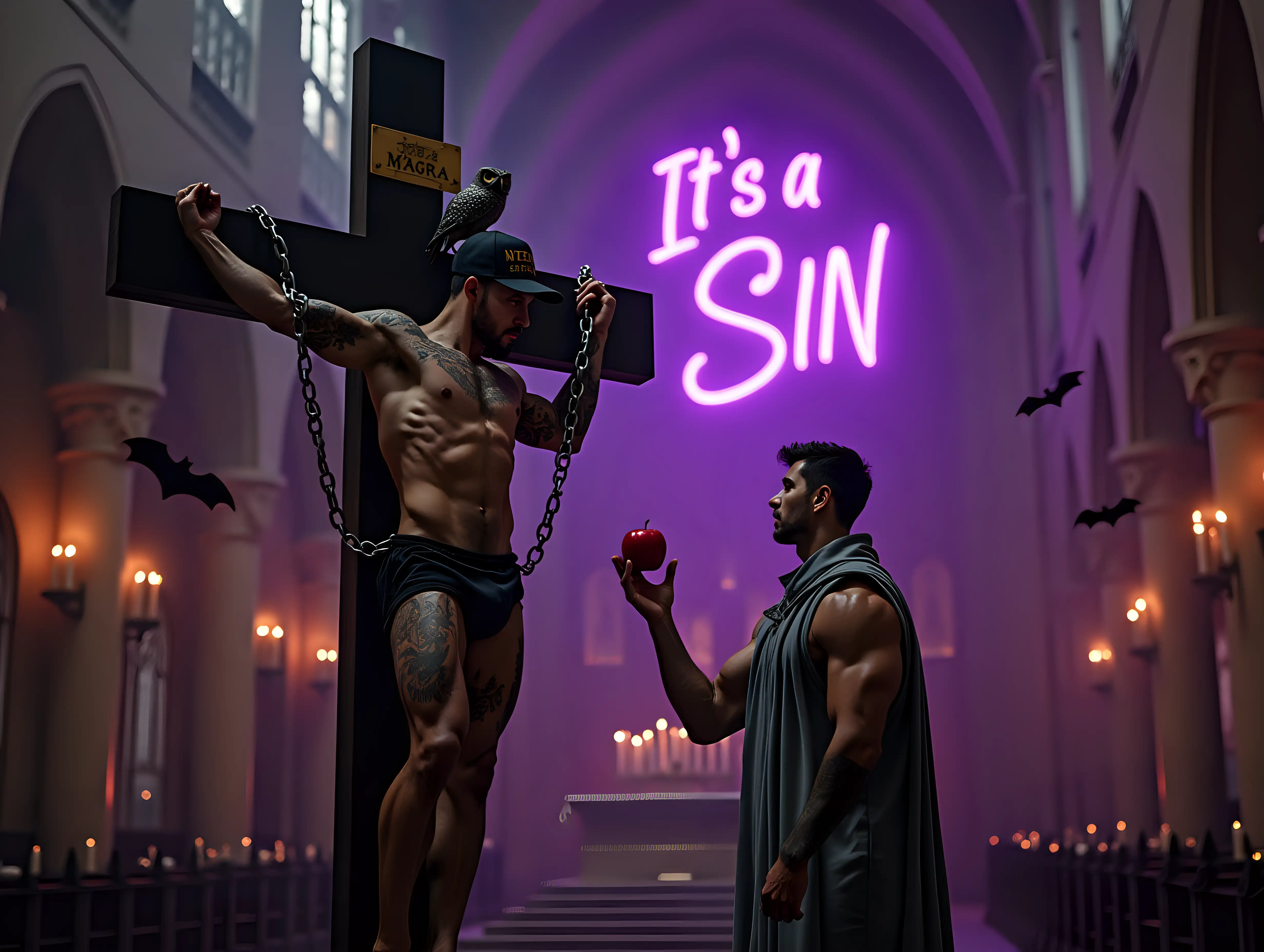 Dark-Handsome-Bodybuilder-Chained-to-Cross-in-Catholic-Cathedral-with-Priest-Offering-Apple