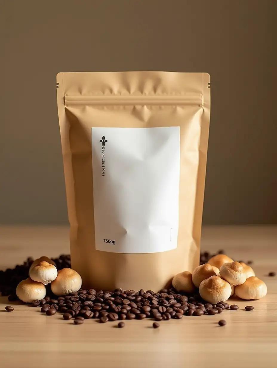 A 250g stand-up kraft paper pouch laying flat on a table. The packaging has a minimal design, with visible coffee beans and mushrooms surrounding the pouch on the table, all clearly and cleanly displayed. The background is a natural wooden table and the lighting is soft and neutral. High resolution.