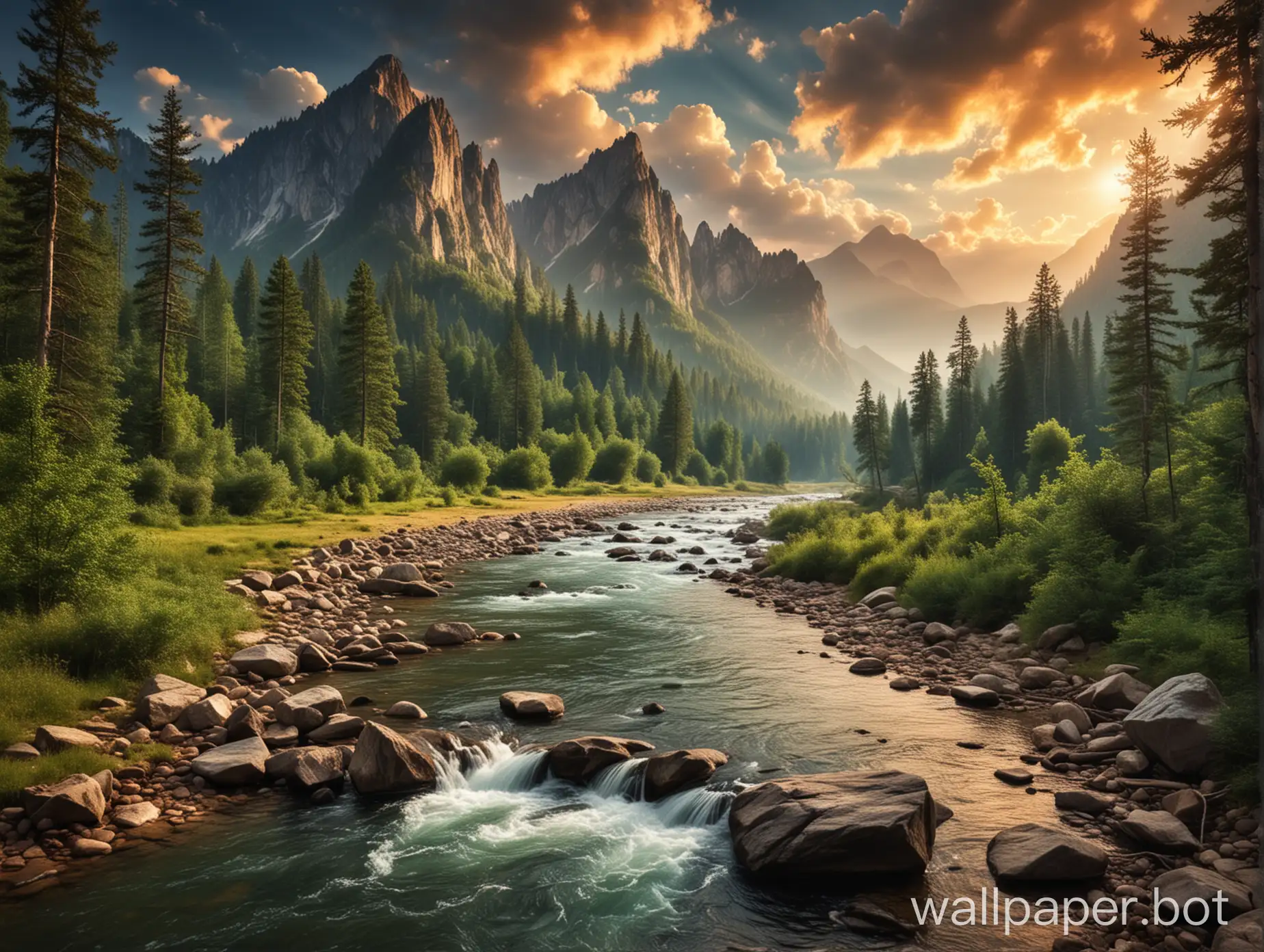 forest mountains river skies landscape