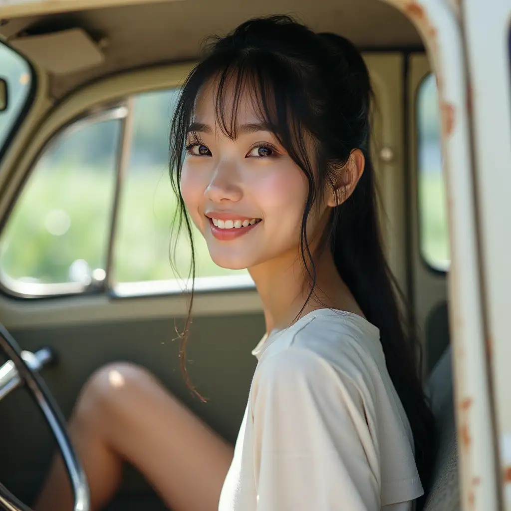 Slender-Chinese-Woman-in-Summer-Fashion-Sitting-in-Vintage-Volkswagen-Beetle