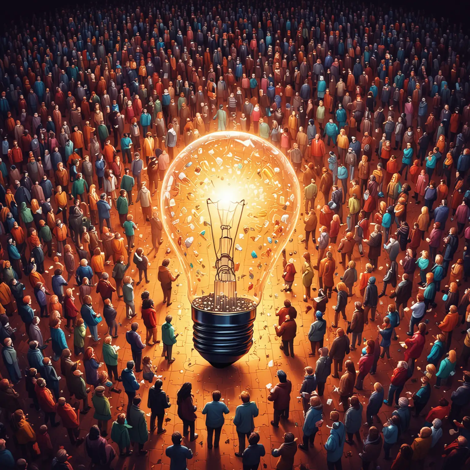 An illustration of a bright giant glowing light bulb, in the centre of a large crowd of people. Jigsaw pieces are floating around the light bulb. Colourful, nicely detailed illustration.