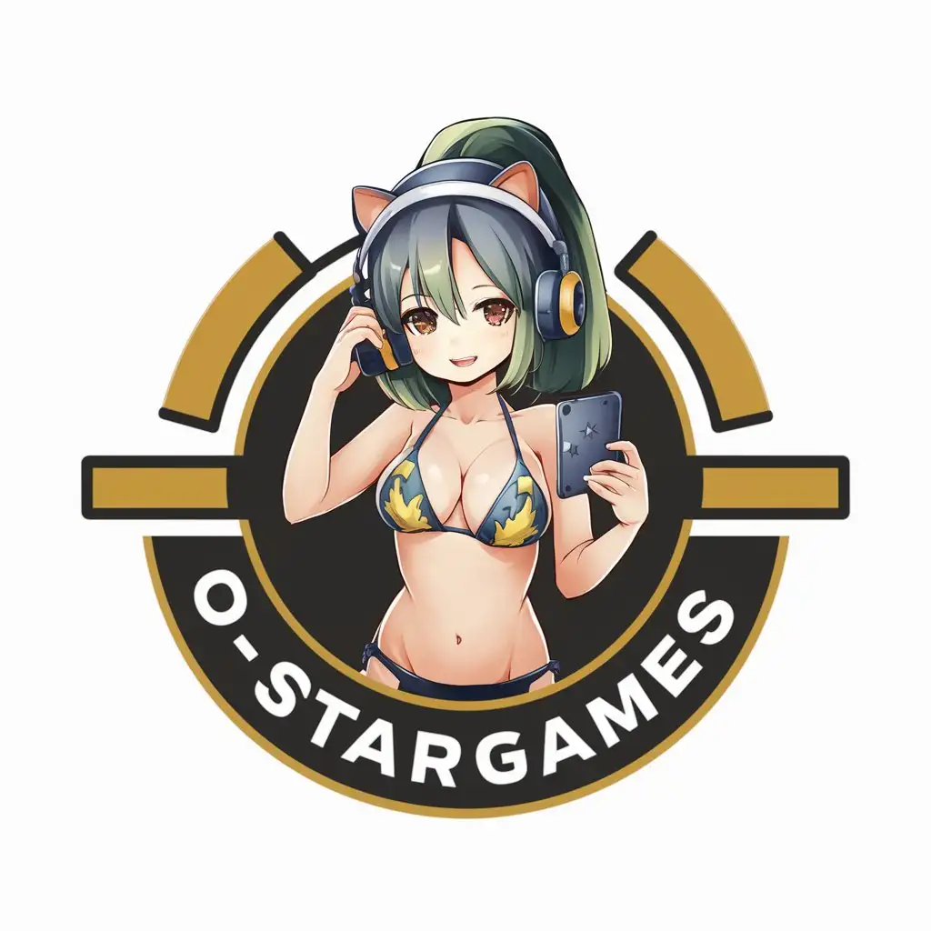 a vector logo design,with the text "O-stargames", main symbol:ANIME GIRL GAMER IN MIKRO BIKINI,Moderate,clear background