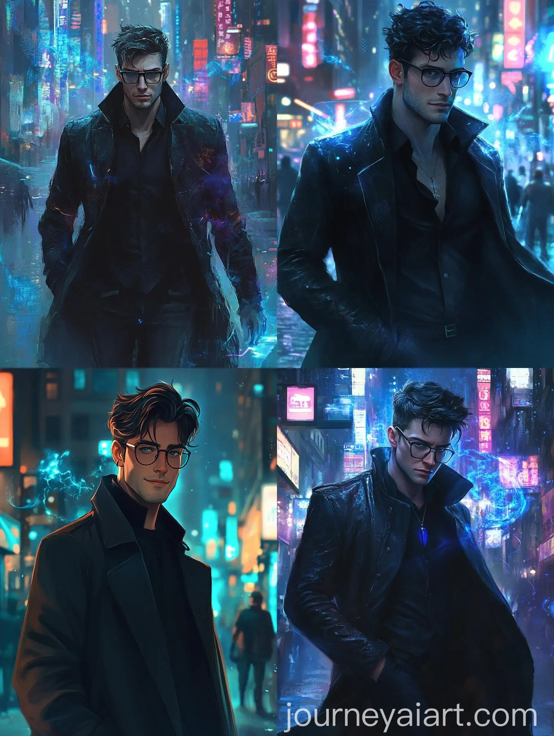 Urban-Sorcerer-in-Cyberpunk-City-Night-Blue-Magic-Illustration