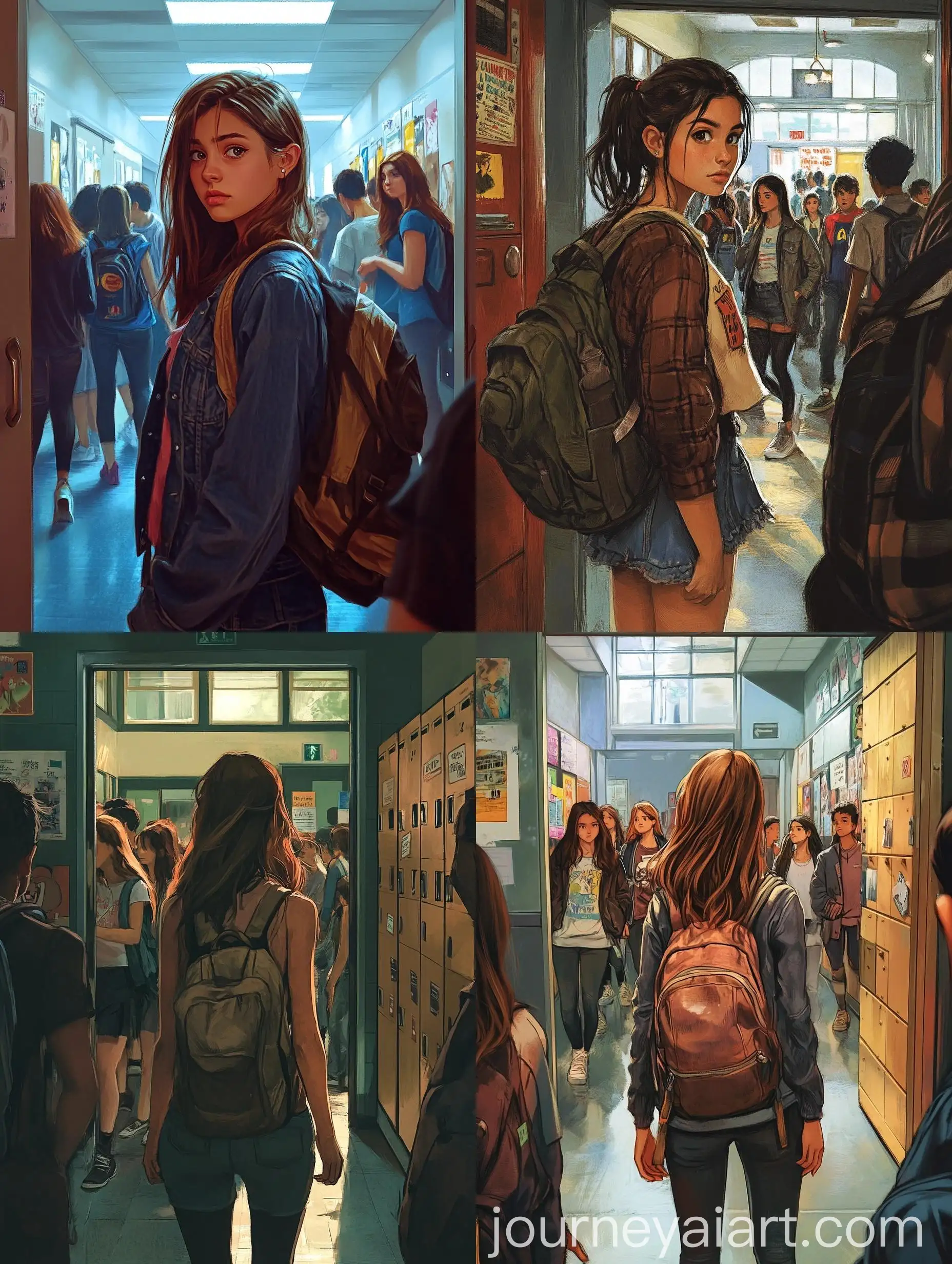 High-School-Entrance-Scene-with-Nervous-Girl-and-Stylish-Students