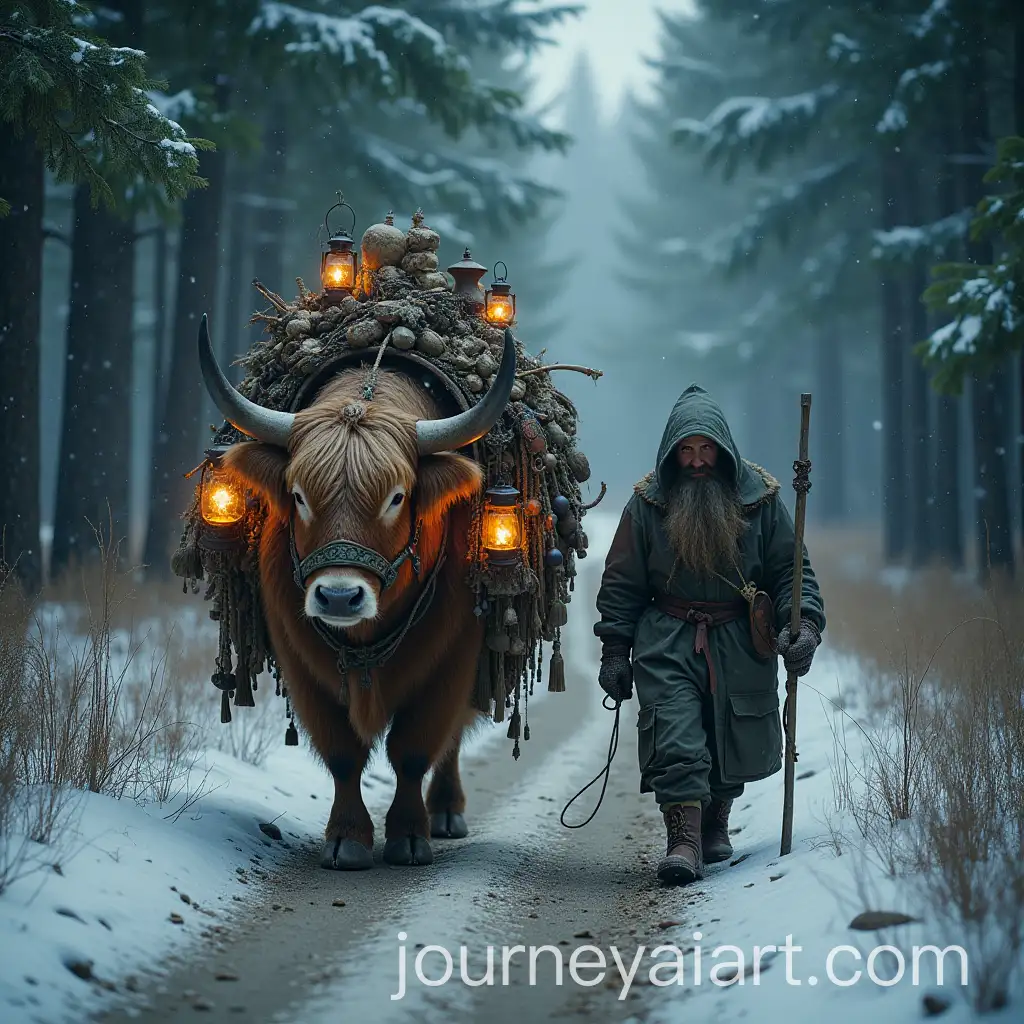 Hermit-Walking-with-Overpacked-Cattle-in-Snowy-Pine-Wood