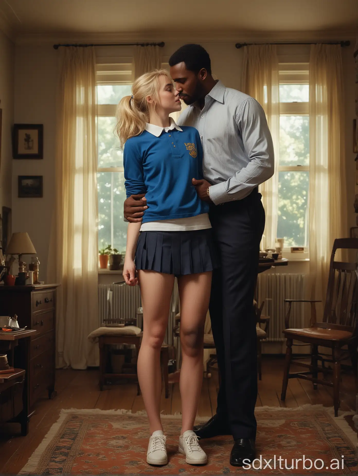 Affectionate-Moment-Petite-Blonde-Girl-Leaning-Against-Muscular-Black-Man-in-Domestic-Setting