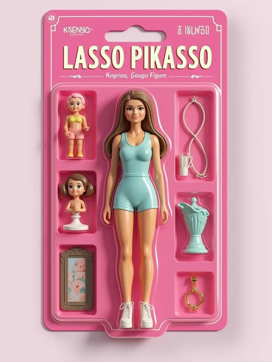 Use this photo to create my action figure in a pink blister pack, in the style of a premium collectible toy. The figure should stand up straight and smile in a relaxed and friendly manner. The blister pack should have a heading with the text [LASSO PIKASSO] in large letters and the subtitle [Kseniya] below it. Accessories are shown in the side compartments in the picture: [painting, separate ring, separate necklace].