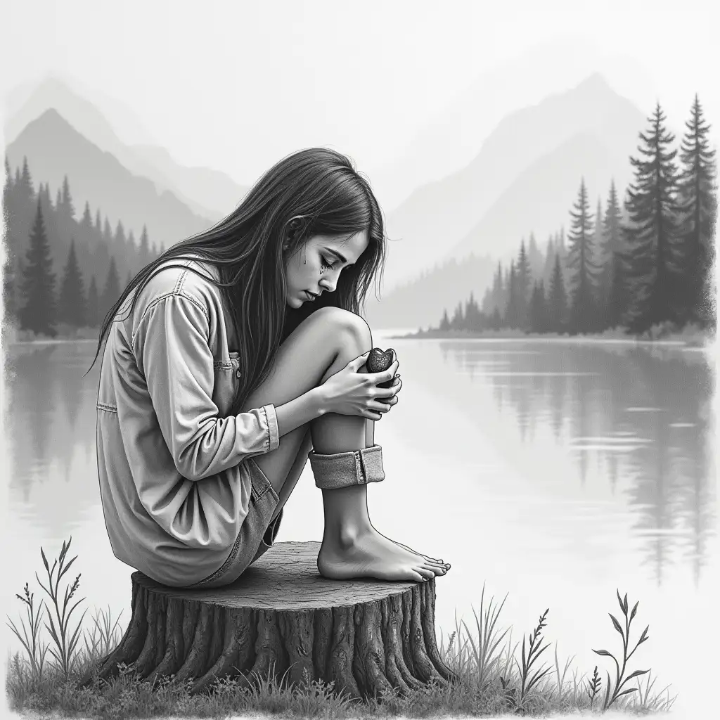 Draw a serene, black-and-white photograph of a person holding a locket. The background should be a blurred, natural landscape, such as a forest, a mountain range, or a serene lake. In the midground, the person is sitting on a tree stump, with their head bowed down, eyes closed, tears running down their face. The overall mood should be contemplative, nostalgic, and melancholic.  You should see the entire body of the person and the stump. They should not take up the size of the photo, only about half the size.