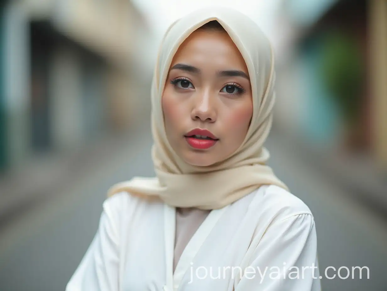 Confident-Indonesian-Woman-in-Hijab-Against-Aceh-Cityscape-with-Bokeh-Effect