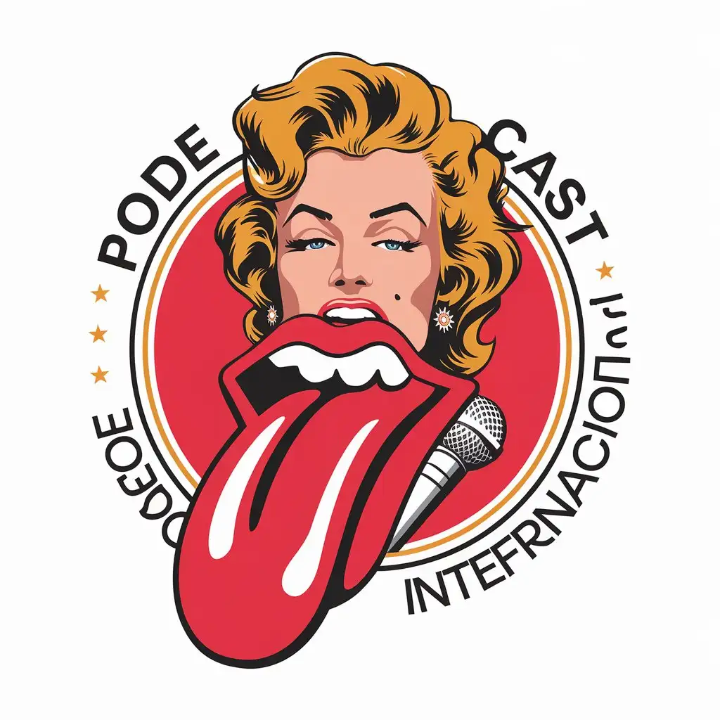 LOGO-Design-for-Pode-Tudo-Cast-Internacional-Entertainment-Icon-with-Marilyn-Monroe-Rolling-Stones-Tongue-and-Microphone