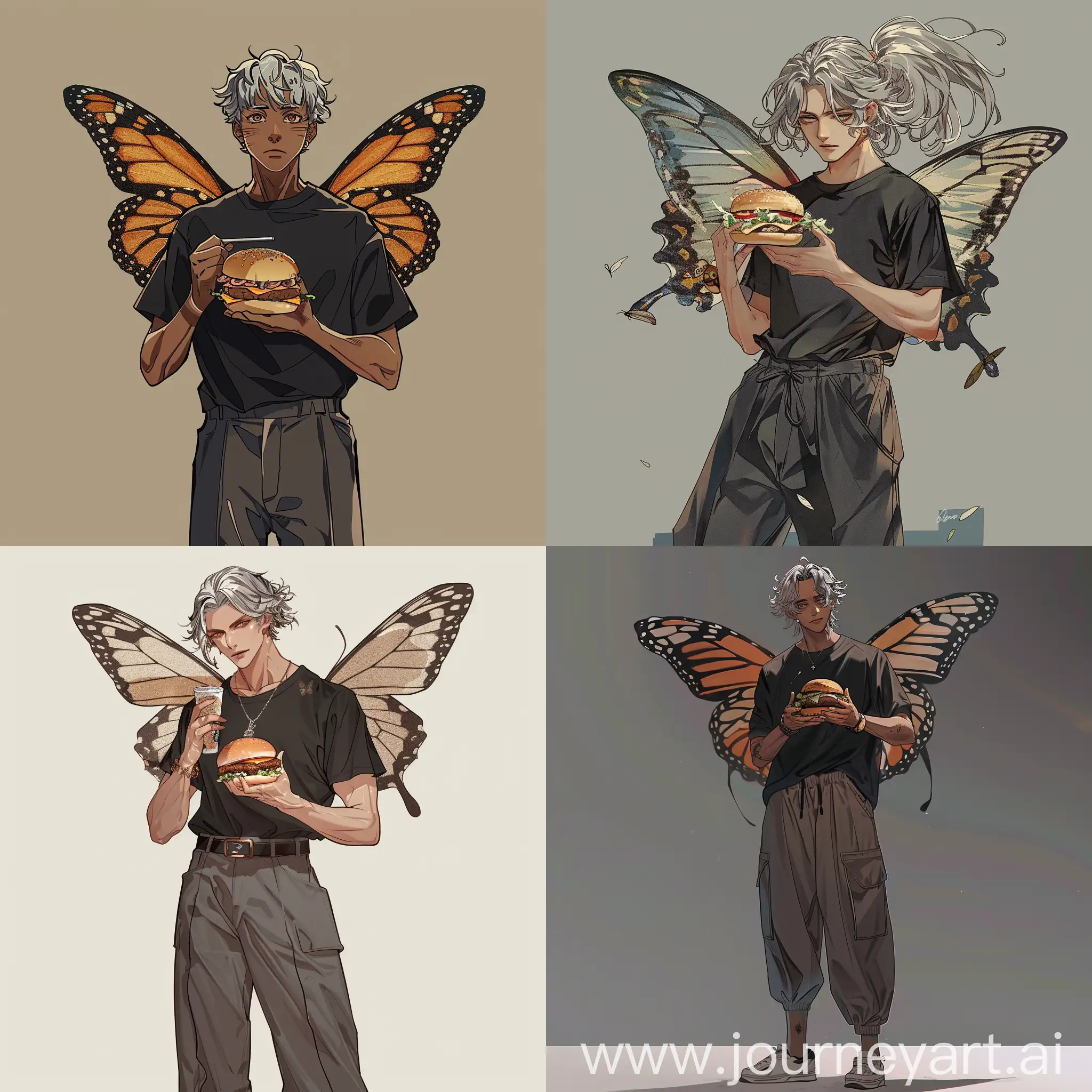 Grayhaired-Man-Holding-Hamburger-with-Butterfly-Wings-Anime-Style