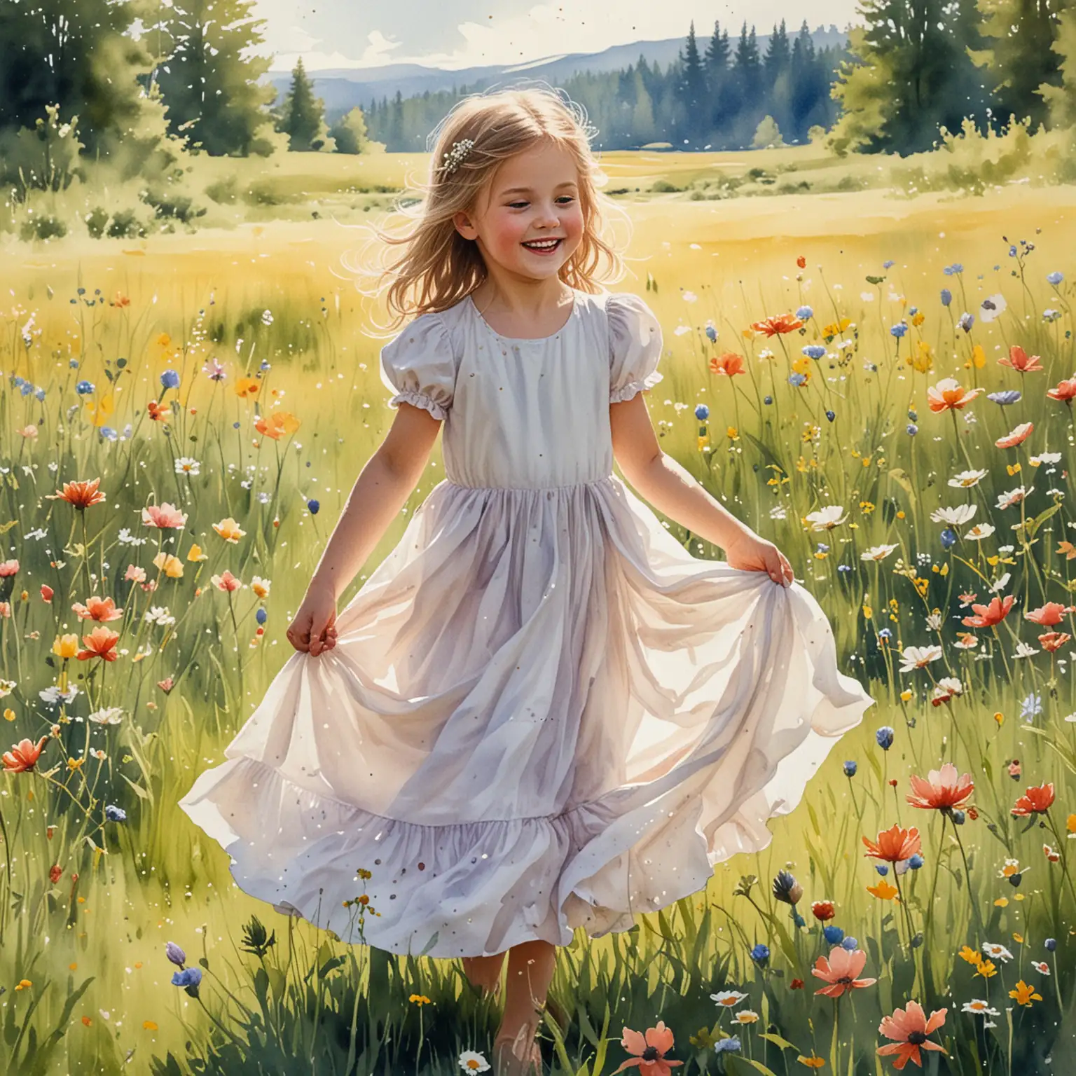 Joyful Flower Girl Dancing in Sunlit Meadow