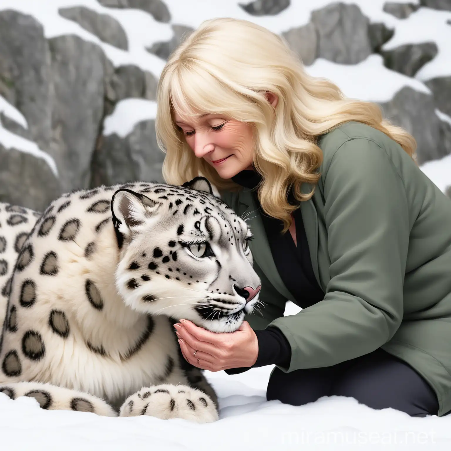 Blonde Woman Petting Snow Leopard