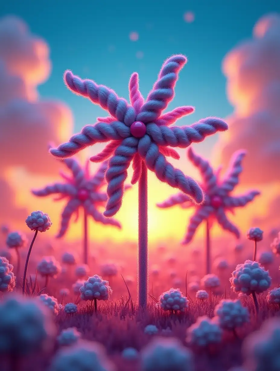 3d whimsical windmills made of cotton buds and hot glue, spinning in a surreal vibrant landscape, bright colors, glowing neon  horizon, gentle motion