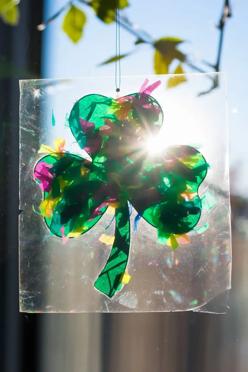 Close-up, backlit image of a shamrock suncatcher hanging in a window, sunlight streaming through it and casting colorful shadows. The suncatcher is made of clear contact paper and filled with vibrant green and multicolored tissue paper scraps.  Focus on the light and color, suncatcher craft, bright and airy, realistic