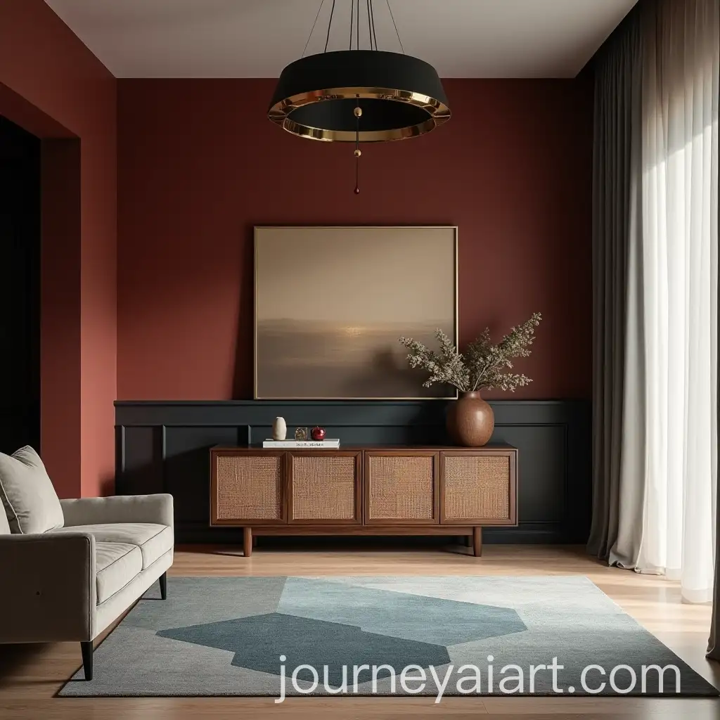 Sophisticated-Minimalist-Living-Room-with-Deep-Red-Walls-and-Natural-Wood-Elements