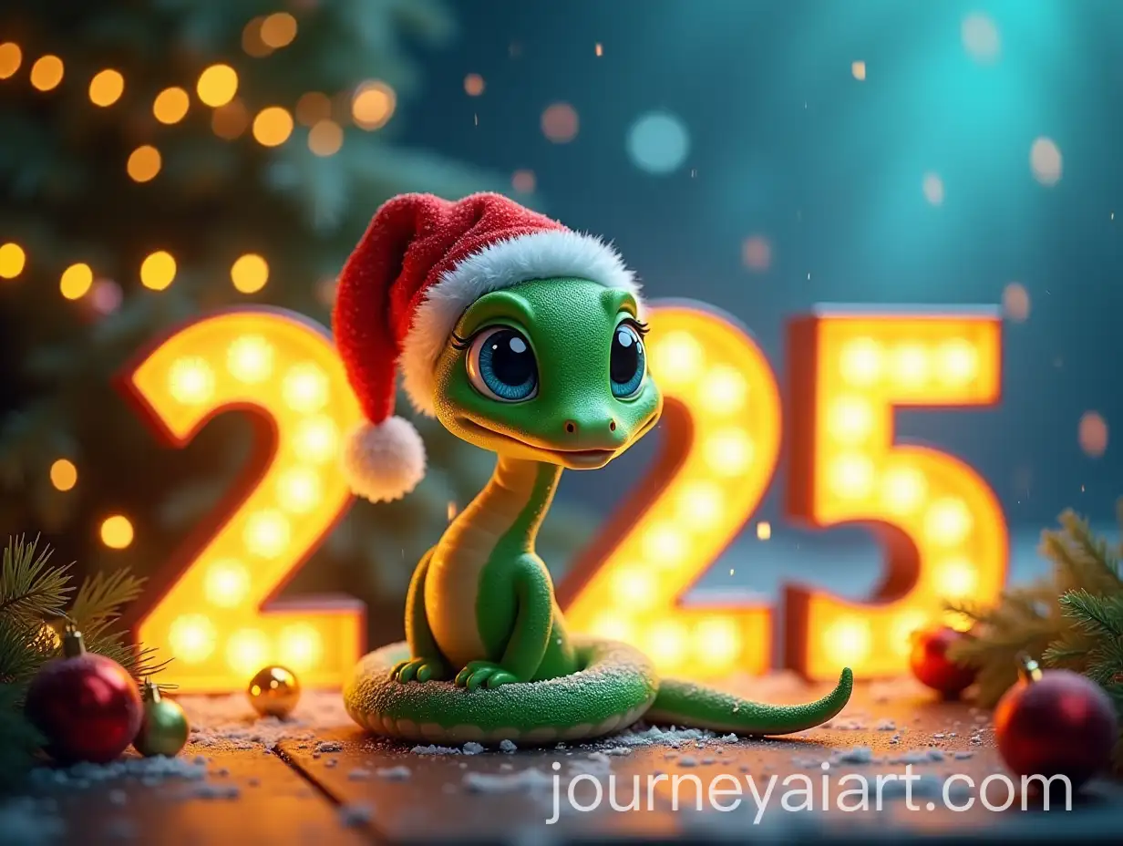 Golden-2025-Numbers-with-Cute-Green-Snake-and-Christmas-Decorations
