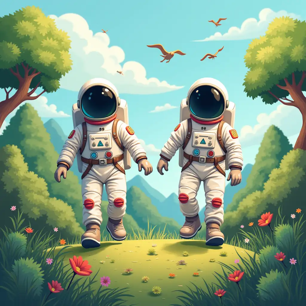 Make a graphic picture an Astronaut kids faceless, their astronaut suits are decorated with colorful little things, they walk and fly above the green, lush and expansive zoo.