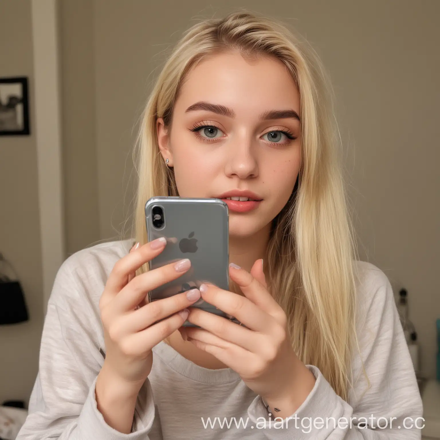 Young-Blonde-Woman-Taking-Realistic-Mirror-Selfie-with-iPhone-14-in-Bedroom