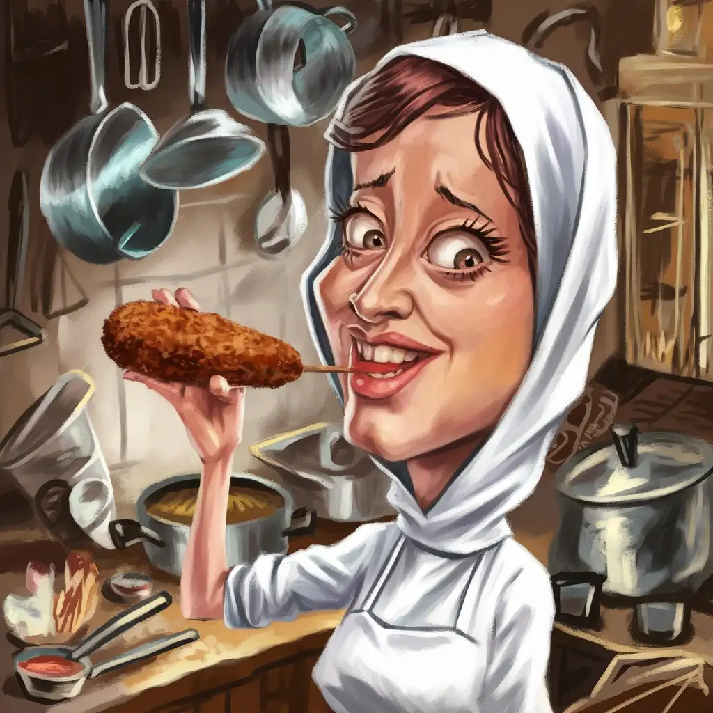 Woman-Tasting-Cutlet-with-Excitement-in-a-Caricature-Style