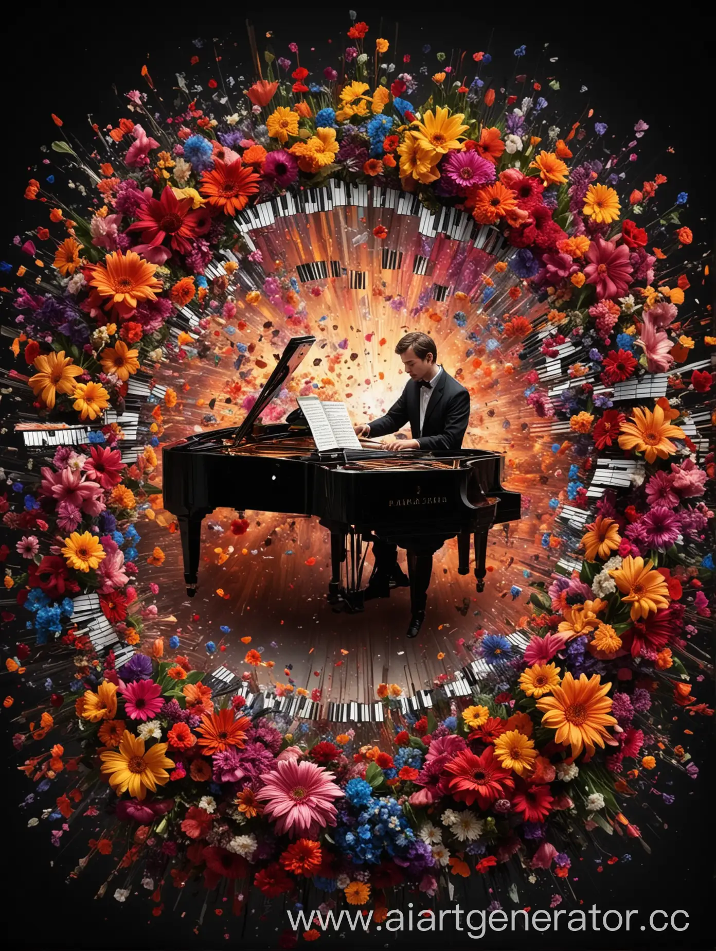 Pianist-Surrounded-by-Synthesizer-Violin-Double-Bass-and-Exploding-Piano-Keys-with-Colorful-Flowers