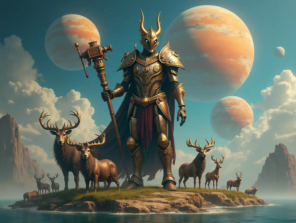 Hyperrealistic portrait of a time-traveling armored metal alien king 10 meters tall with a hammer in his hand on an island with many different animals, The elaborately detailed, colorful forested planets in the background