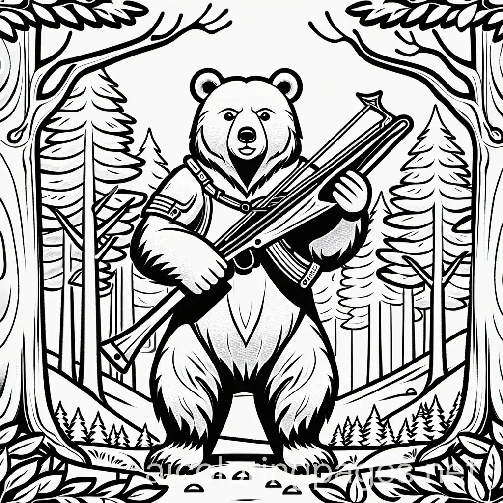 Coloring-Page-Bear-with-Crossbow-and-Forest-Scene