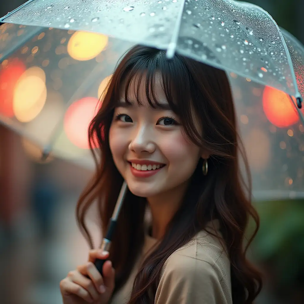 Generate a bright, cinematic bust shot of a smiling young Korean woman, showing her from the head down to her upper torso, standing under a clear umbrella on a rainy day. She has long, wavy brown hair with soft bangs, and she is smiling warmly while looking at the viewer. Raindrops fall gently around her, and the background is bright and lively, with soft bokeh lights from the rain reflecting the ambient light. The overall mood should feel uplifting and cheerful, with a bright and colorful atmosphere on a rainy day.