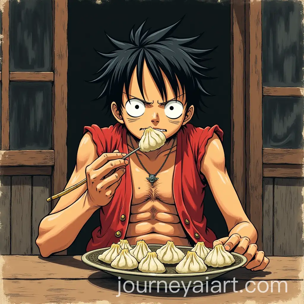 1970s-Dark-Fantasy-Book-Illustration-of-Luffy-Eating-Chinese-Dumplings