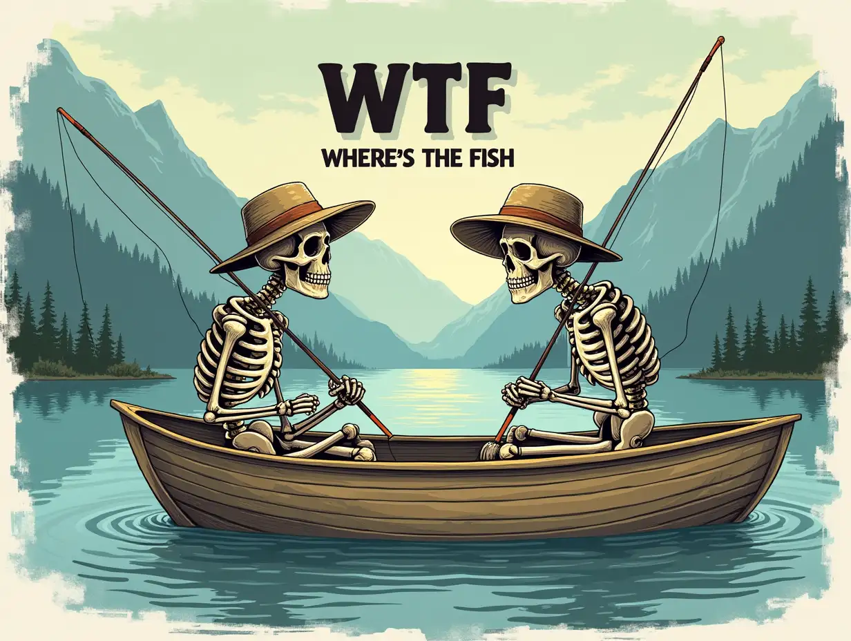 Vector, caricature. The image should feature two skeletons wearing hats and fishing rods, sitting in a boat on a body of water. The image should have a vintage or retro feel, with a color palette of blues, greens, and browns. The text 'WTF Where's the Fish' should be prominently displayed in the center of the image. Background on a large lake surrounded by mountains. Sketch style