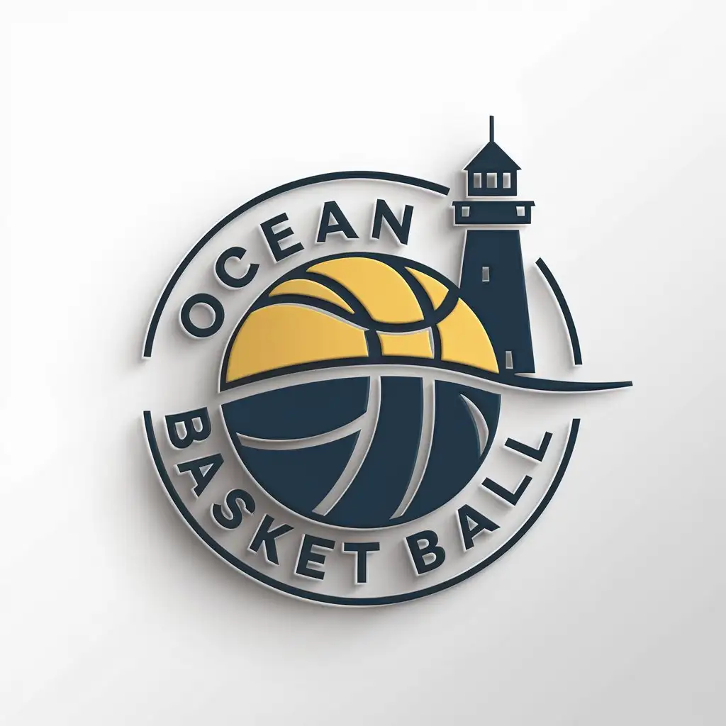 LOGO Design for Ocean Basket Ball Lighthouse and Basketball Theme in Yellow and Blue