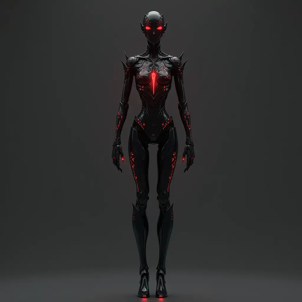 Medieval-Arcane-Female-Robot-with-Glowing-Red-Crystal-and-Carvings