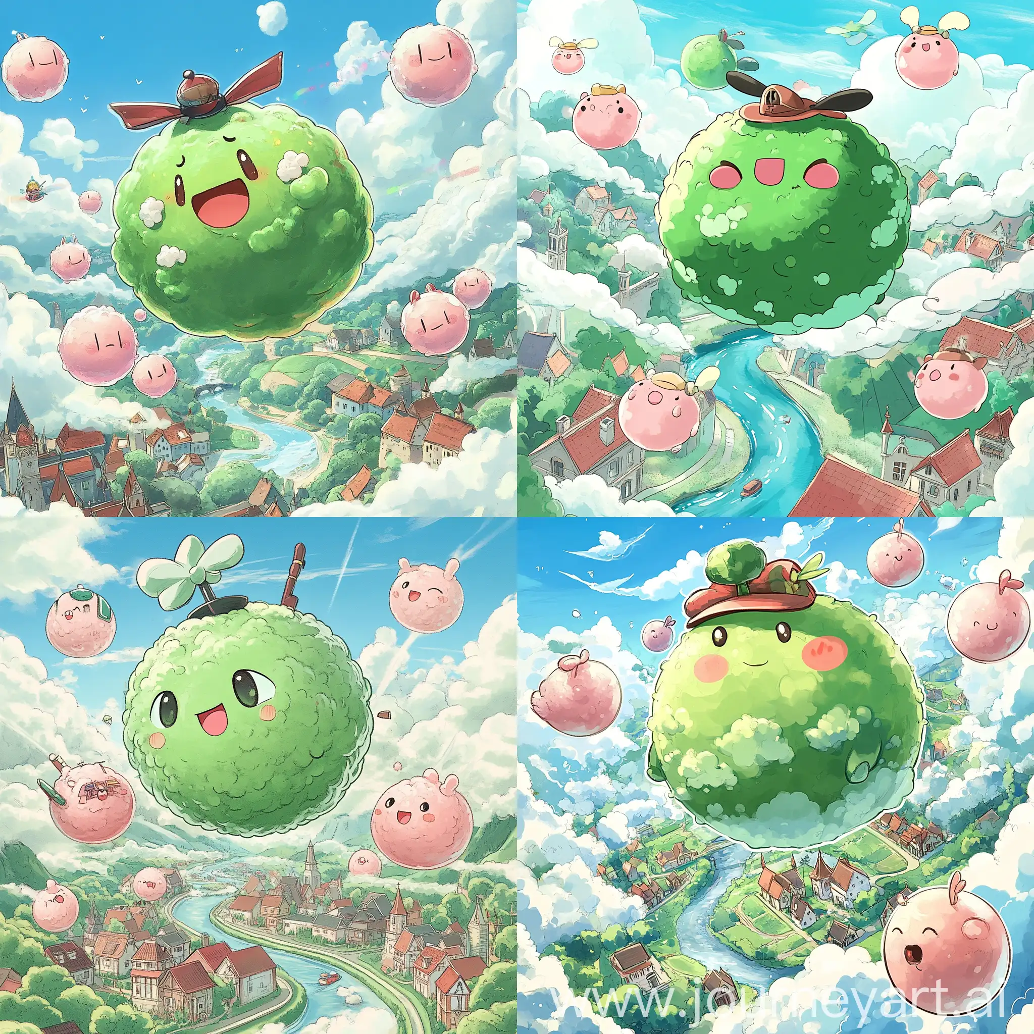 Fluffy-Green-Ball-with-Propeller-Hat-Soaring-Above-Village-and-River-in-Kawaii-Anime-Style