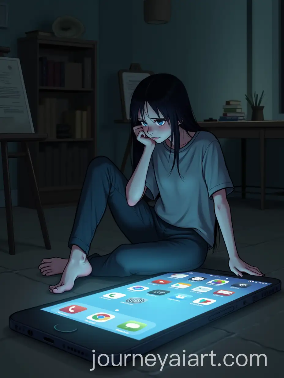 Girl-Lost-in-Thought-Sitting-on-Smartphone-Screen-in-Dimly-Lit-Room