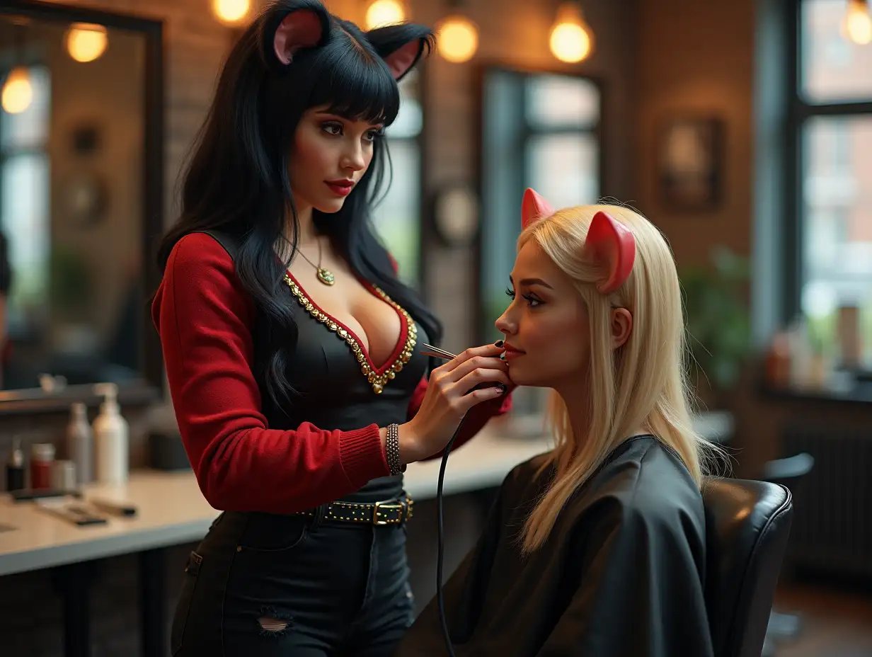 Full-body professional photo of a beautiful attractive fit curvy female hair dresser in her salon. (She's in profile, not looking in the camera.) She has an oval face with a well-defined jawline, thin high-angled soft-rounded eyebrows, almond-shaped eyeliner-framed chestnut eyes, a straight nose with mouse whiskers, full bow-shaped lips, mouse ears and, fused to her coccyx, tail. She has a fringe and long, straight, blueish black hair. She dons a black satin vest with golden frills, a v-necked scarlet jersey leaving plenty of cleavage, a sturdy studded belt, black tapered ripped acid-washed jeans, and pastel-green Sk8-Hi vans. With a scissor in her hand, her full focus is on styling a blonde long-haired male anthropomorphic mouse customer.