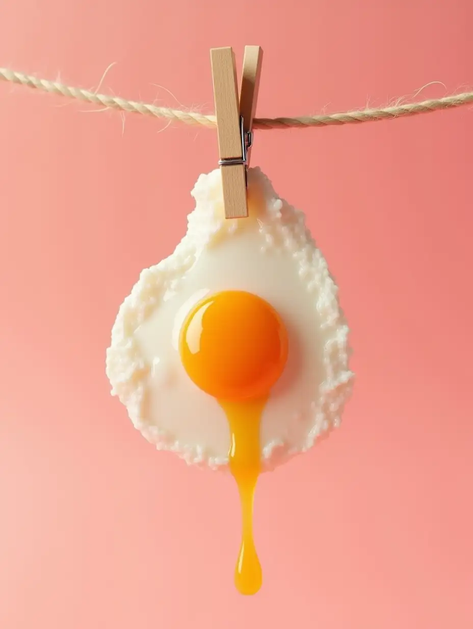 Fried-Egg-on-Clothespin-with-Dripping-Yolk-Against-Pink-Background