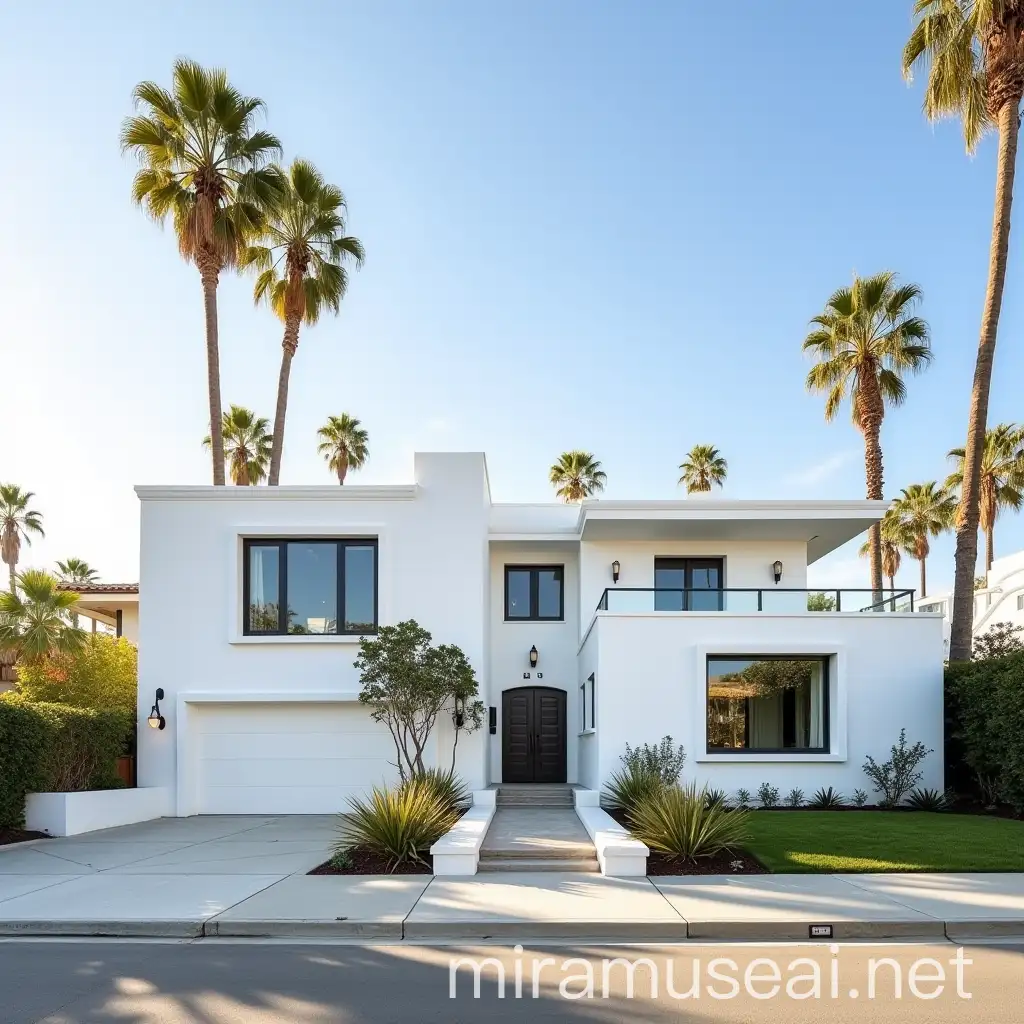 White Beach House Exterior with Palm Trees in Newport Beach