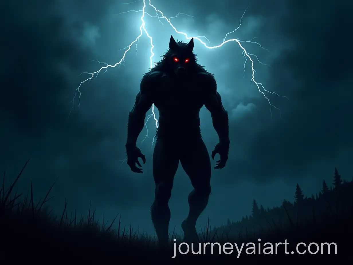 Muscular-Werewolf-Standing-in-a-Dark-Forest-with-Lightning-and-Red-Eyes