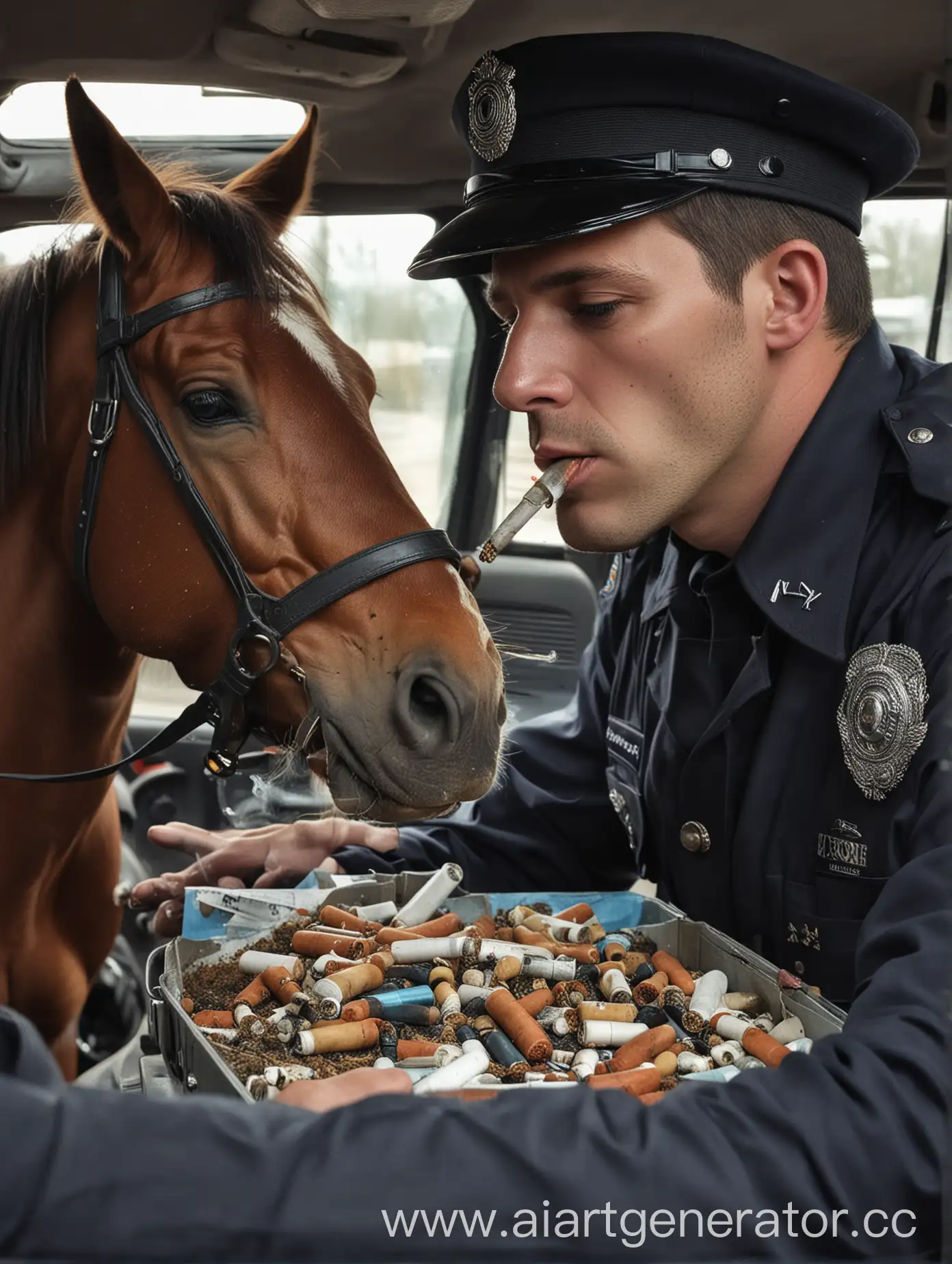 Police-Officer-Smoking-in-Car-with-Horse-Drug-Addiction-Concept