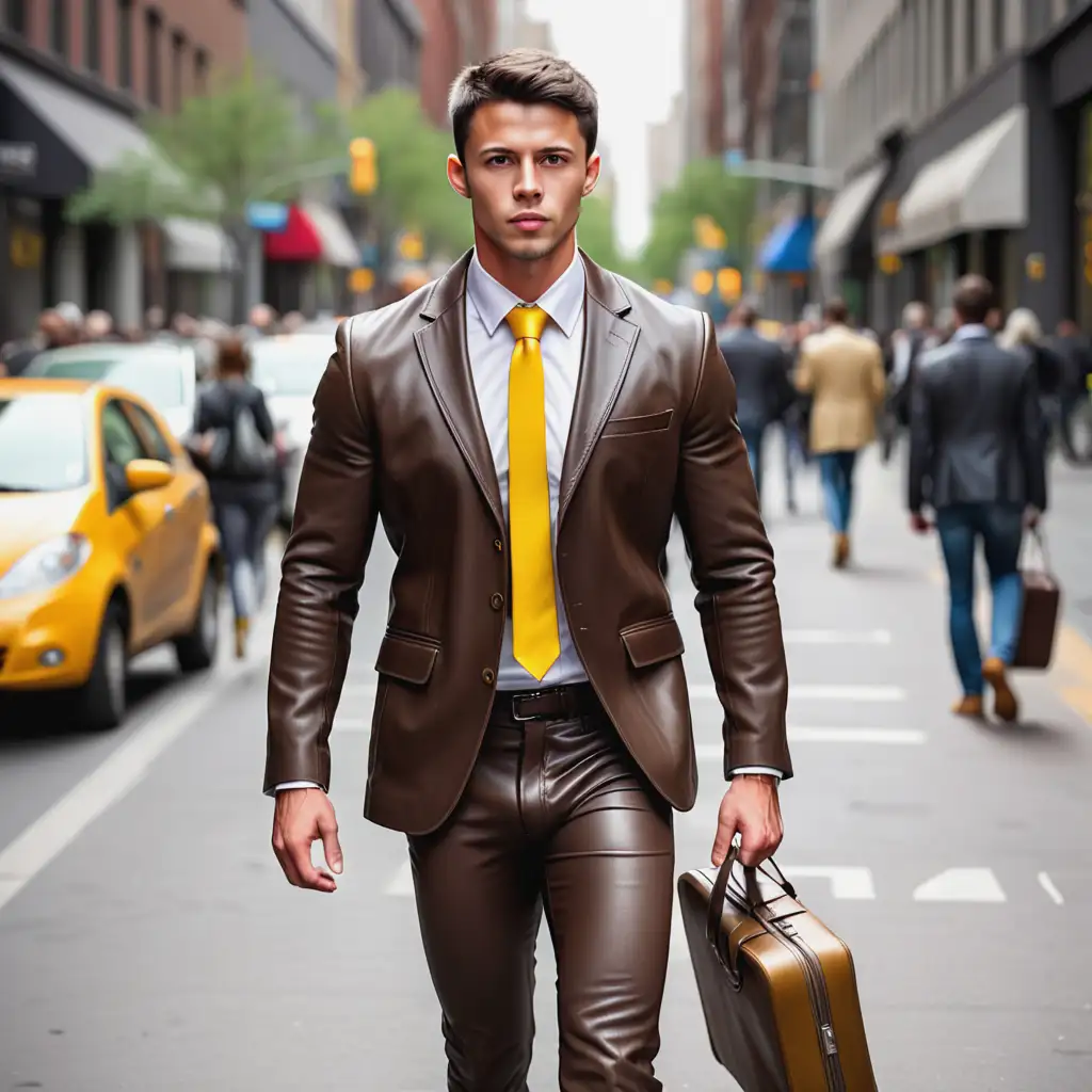 Full height image of a Very attractive young muscular man, with short dark-brown hair, walks along on a busy street, clad in tight Espresso-brown leather suit, and white shirt and yellow-leather tie blazer jacket, with smart ankle boots, carrying a brief case