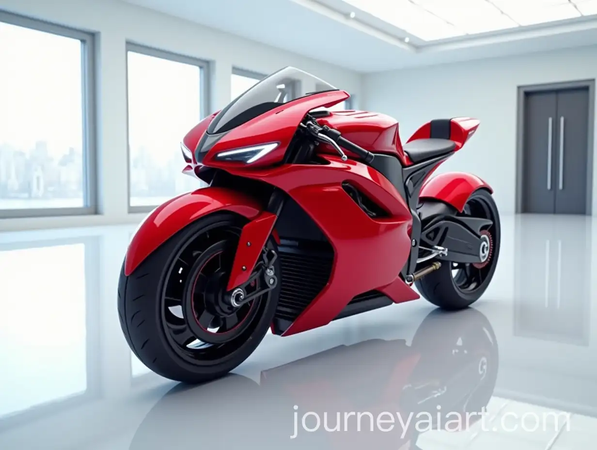 Futuristic-Hayabusa-Dogfight-Motorcycle-in-Red-Displayed-in-Modern-Showroom