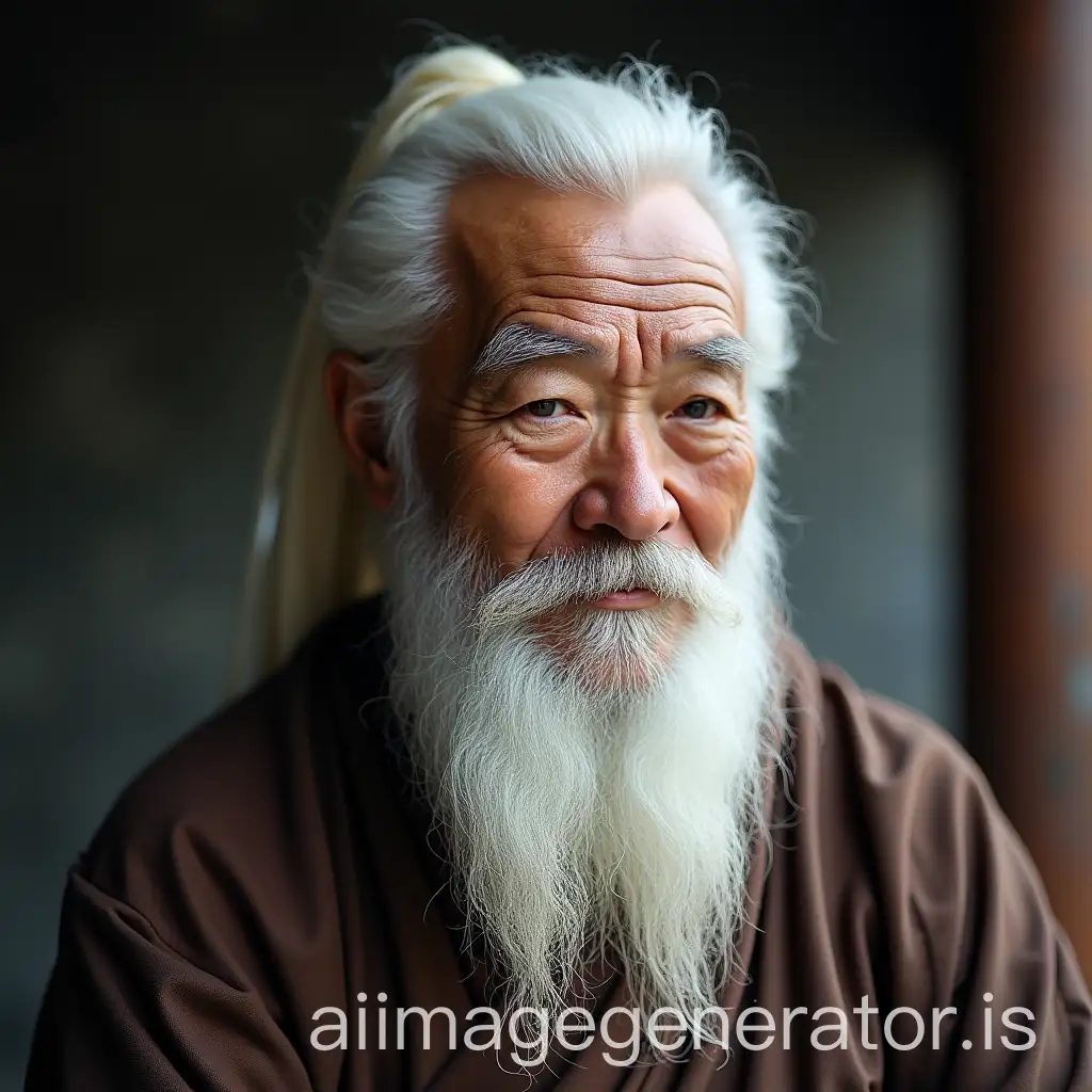 An elder monk, with an ethereal and upright demeanor, white hair and beard, Asian appearance, and a kind expression