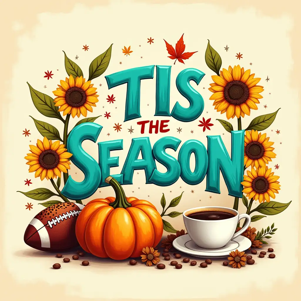 Oil painting ART. Create a fall-themed graphic featuring the text 'TIS THE SEASON' in bold neon, turquoise letters. The letters should have a retro, groovy style, reminiscent of the 1970s. The background should be a light, creamy beige with a subtle texture, like a light linen weave. Surrounding the text, include a pumpkin, sunflowers, footballs, and coffee cups. The pumpkin should be adorned with leopard print, and the coffee cups should have a vintage, ceramic look. Add stars and other decorative elements to enhance the visual appeal. The overall style should be playful and cheerful, with a touch of nostalgia.