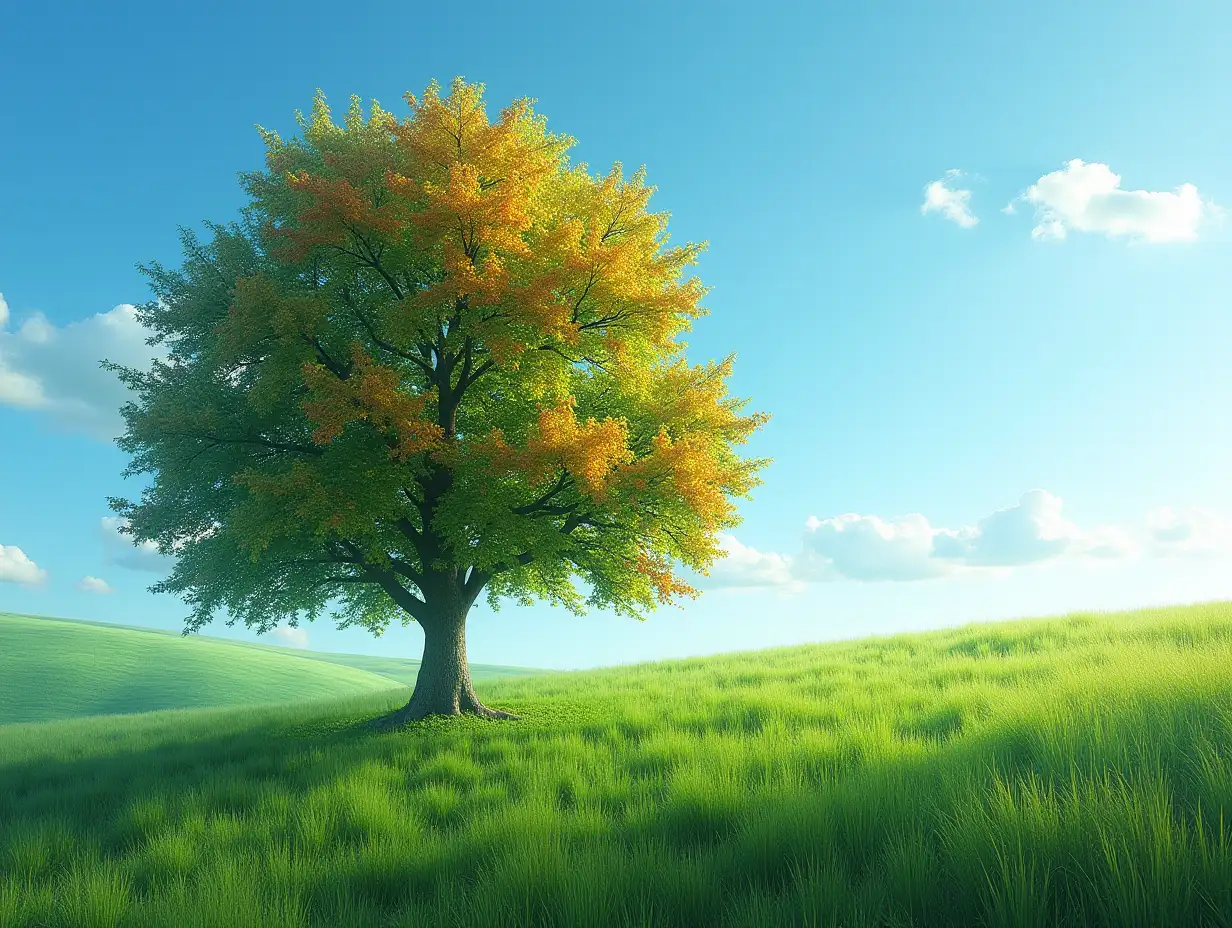 colorful HDR landscape tree in clear green and blue nature