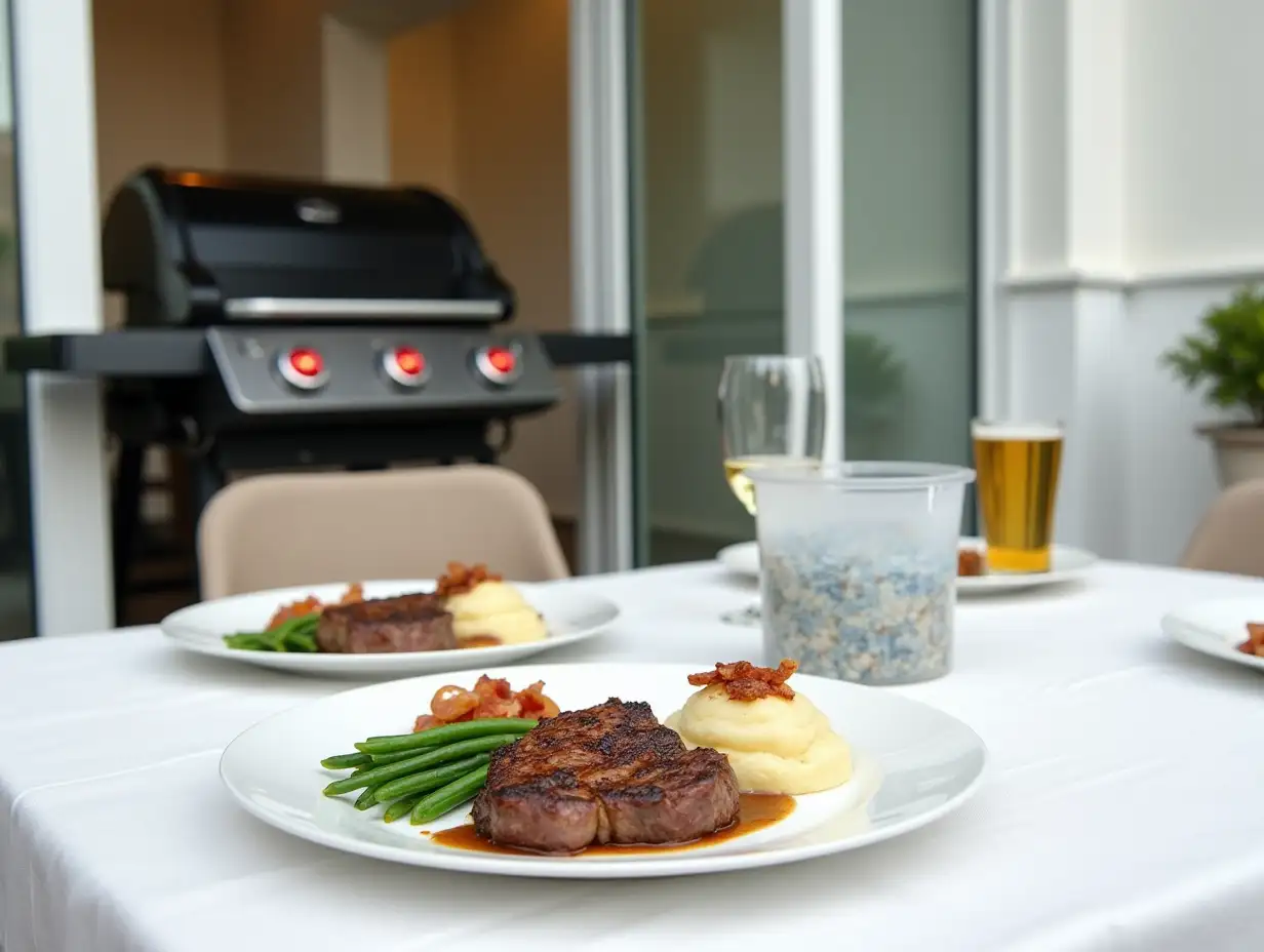 Seared-Meat-with-Mashed-Potatoes-and-Green-Beans-on-a-White-Dinner-Table-with-a-Balcony-Grill