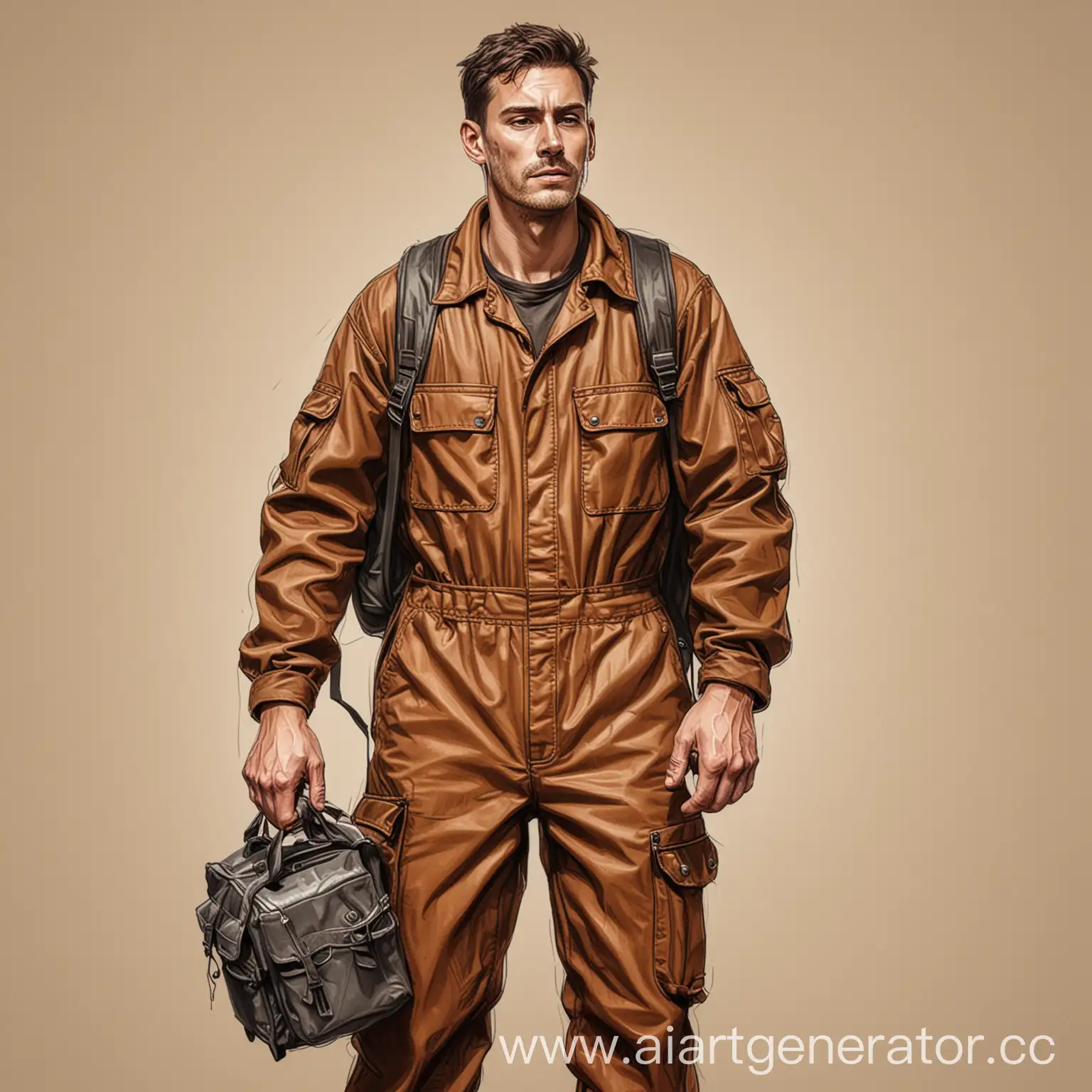 Mechanic-Gathering-Metal-in-Brown-Jumpsuit-with-Backpack