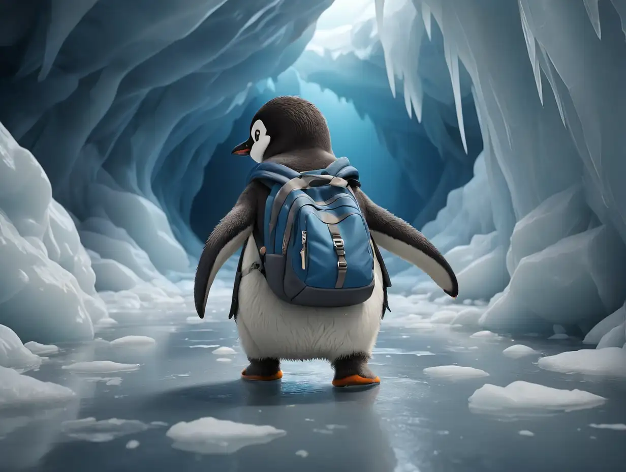 Wide-angle shot from the back of a cute young penguin with a blue backpack carefully walking across sharp ice in an Antarctic ice cave, side view ,3d disney inspire