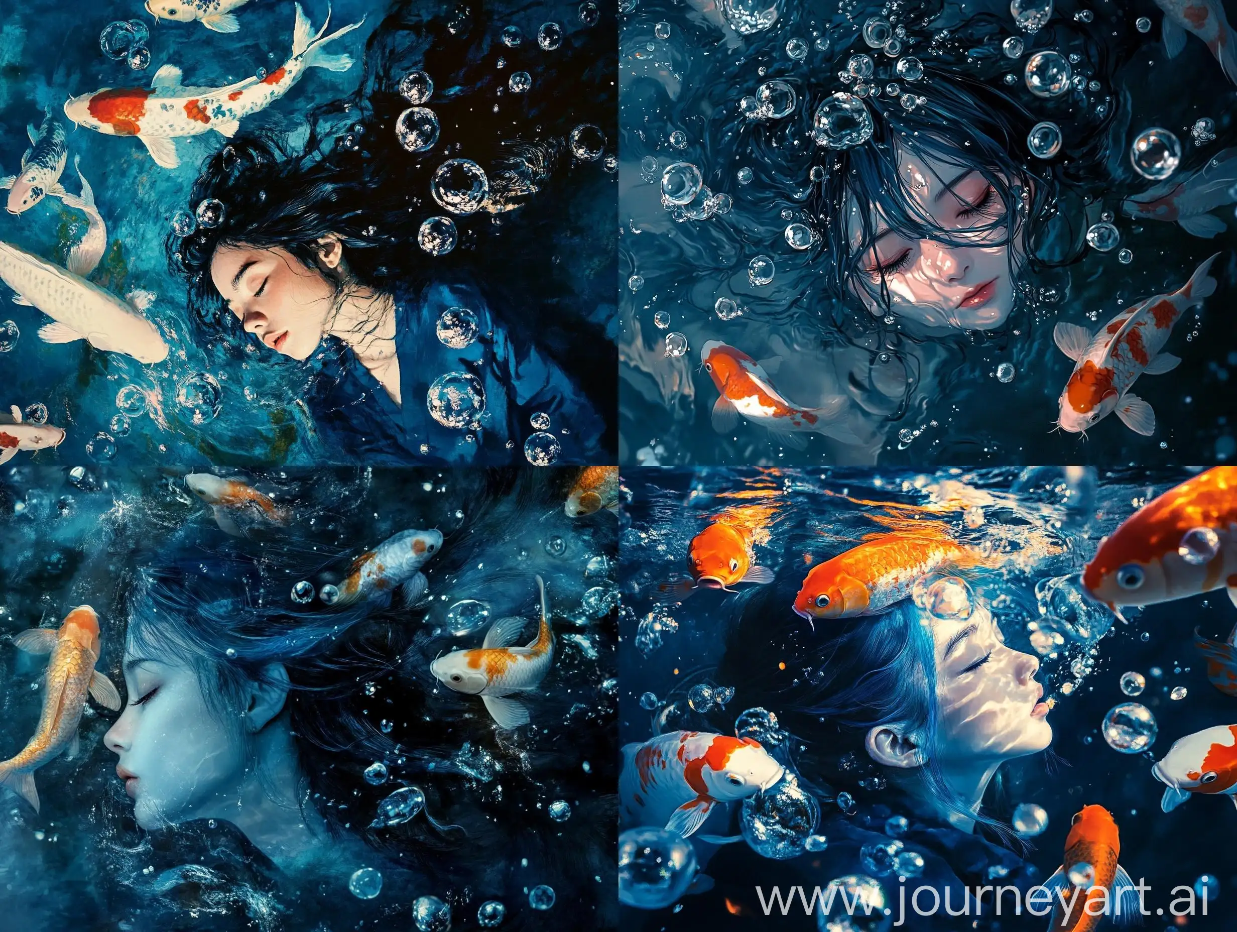 Underwater-Girl-Surrounded-by-Blue-Air-Bubbles-and-Koi-Fish